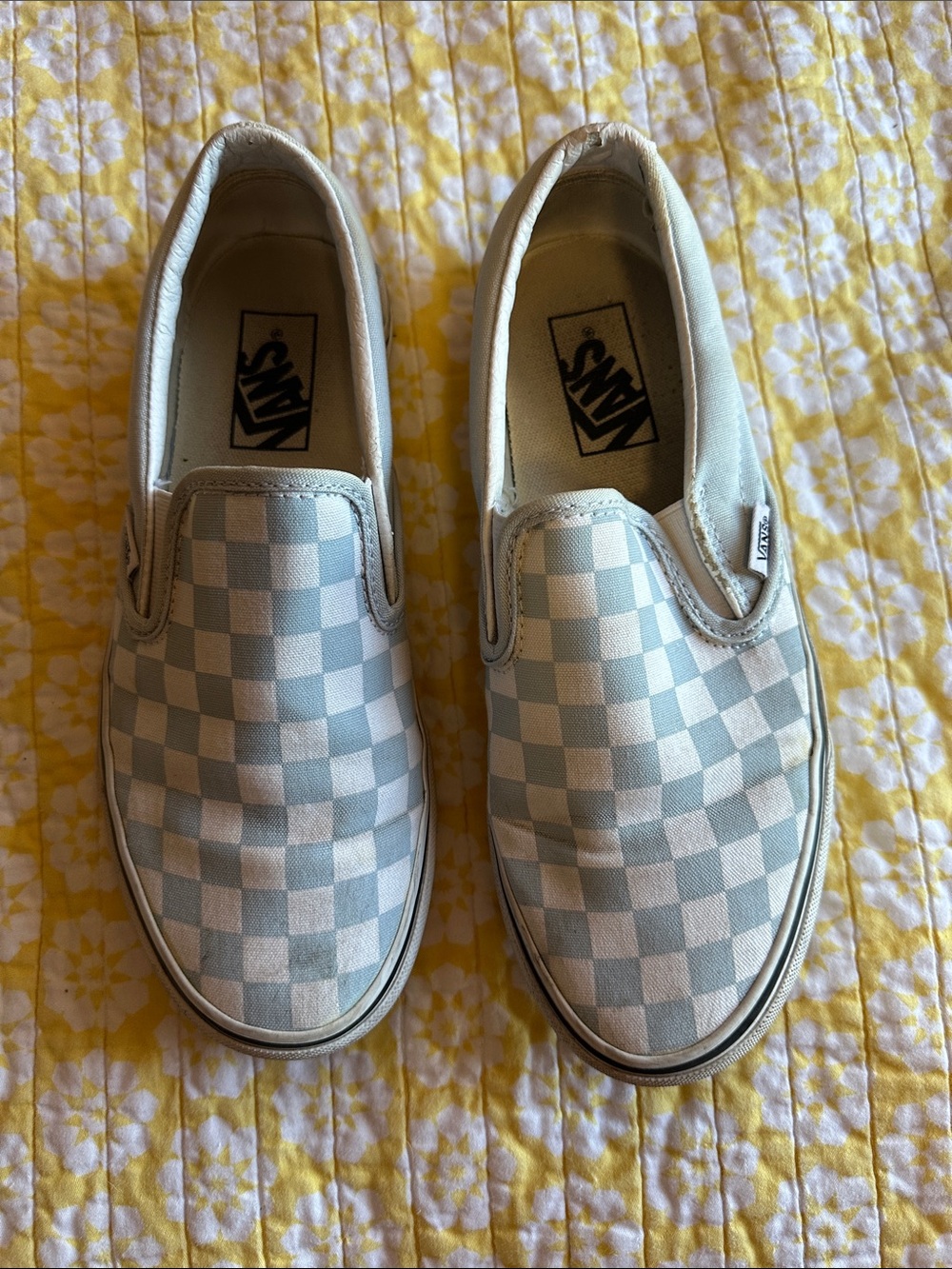 Vans Slip-On Checkerboard Sneakers in Light Blue and White